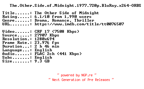 NFO for the release The.Other.Side.of.Midnight.1977.720p.BluRay.x264-ORBS by ORBS