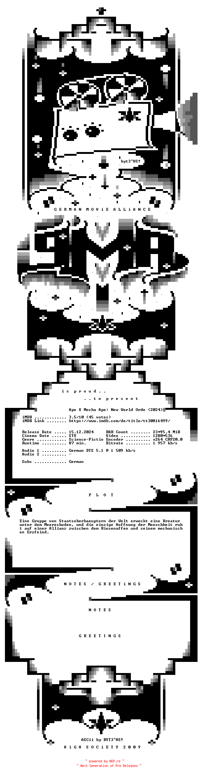 NFO for the release Ape.X.Mecha.Ape.New.World.Order.2024.German.720p.BluRay.x264-GMA by GMA