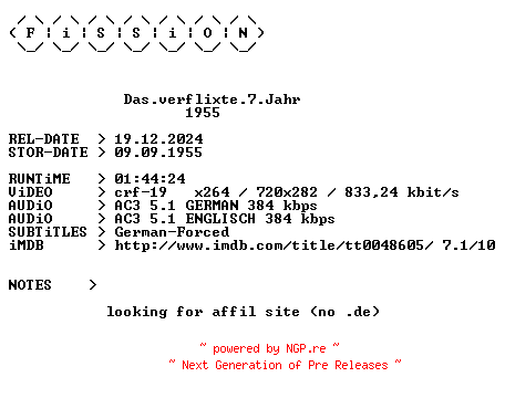 NFO for the release Das.verflixte.7.Jahr.German.1955.DL.BDRiP.x264.iNTERNAL-FiSSiON by FiSSiON