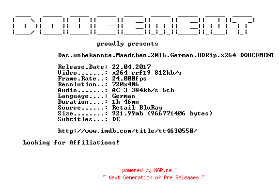 NFO for the release Das.unbekannte.Maedchen.2016.German.BDRip.x264-DOUCEMENT by DOUCEMENT