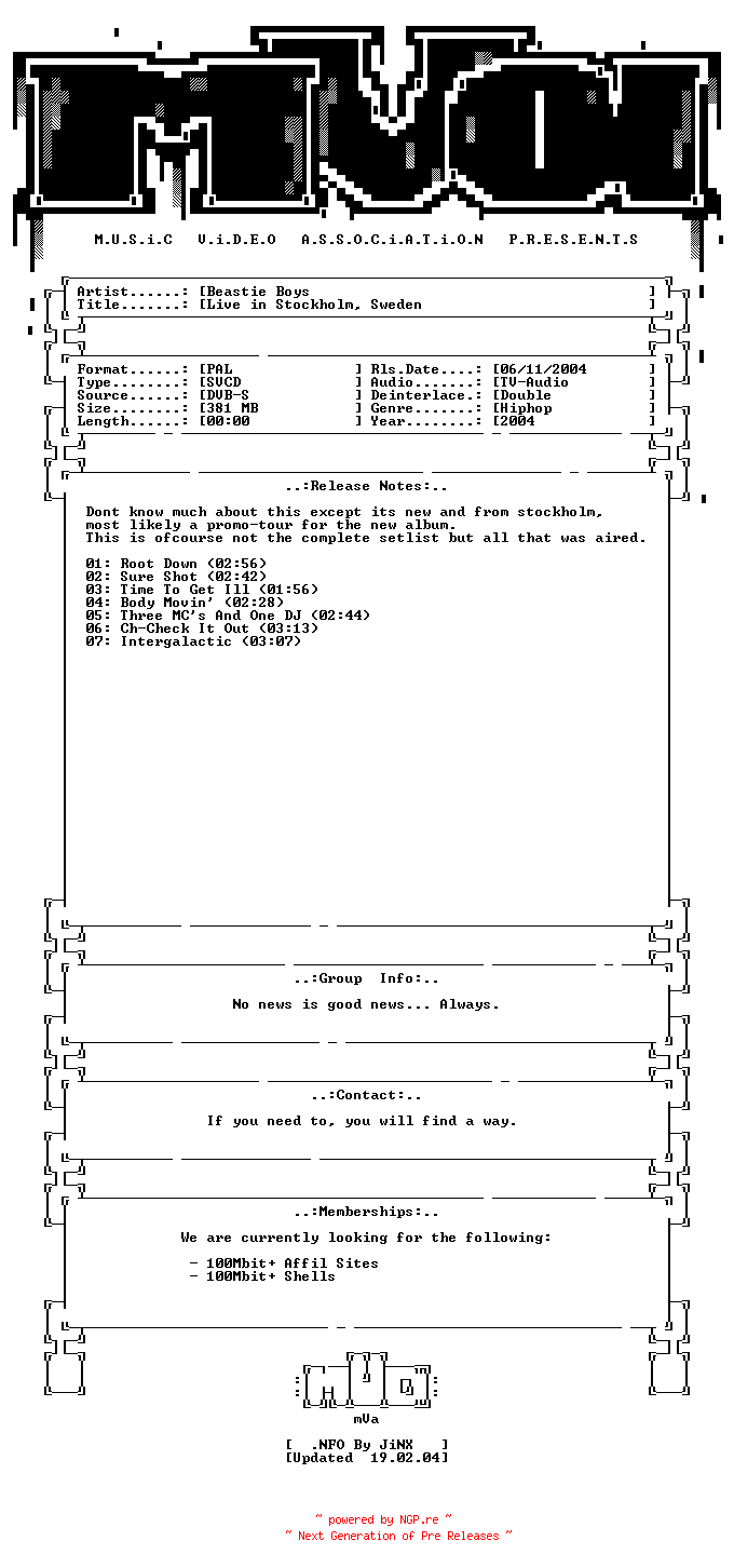NFO for the release Beastie_boys-live_in_stockholm_sweden-svcd-2004-mVa by mVa