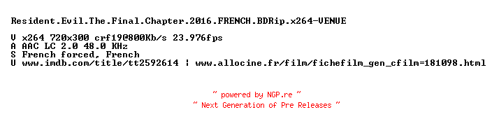 NFO for the release Resident.Evil.The.Final.Chapter.2016.FRENCH.BDRip.x264-VENUE by VENUE