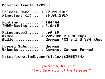NFO for the release Monster.Trucks.German.2016.AC3.BDRip.x264-COiNCiDENCE by COiNCiDENCE