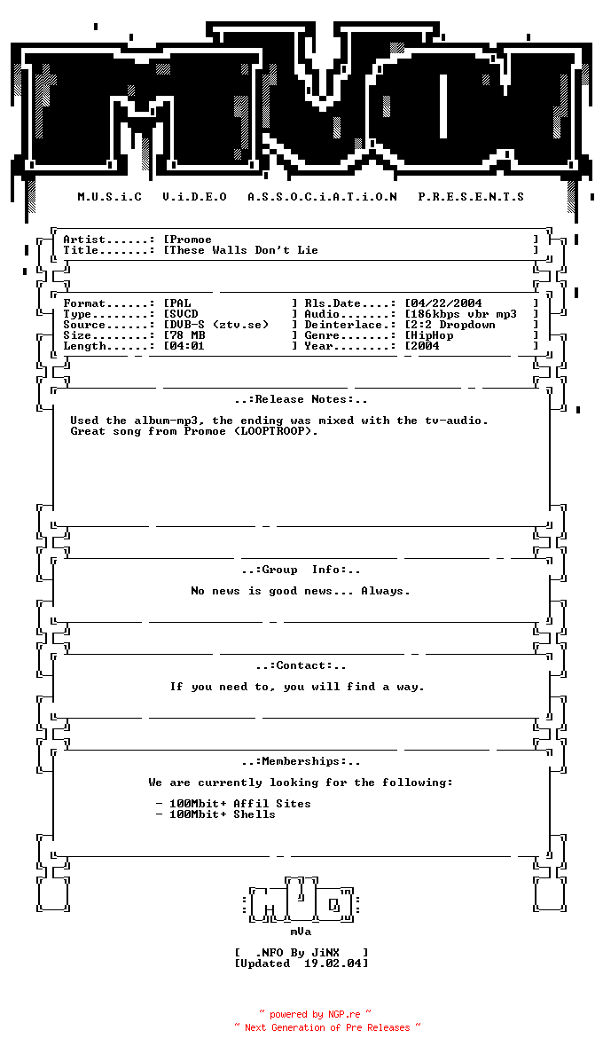 NFO for the release Promoe-these_walls_dont_lie-svcd-2004-mVa by mVa