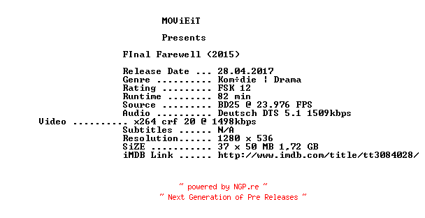 NFO for the release Final.Farewell.2015.German.720p.BluRay.x264-MOViEiT by MOViEiT