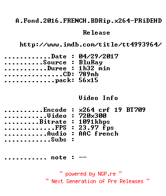 NFO for the release A.Fond.2016.FRENCH.BDRip.x264-PRiDEHD by PRiDEHD