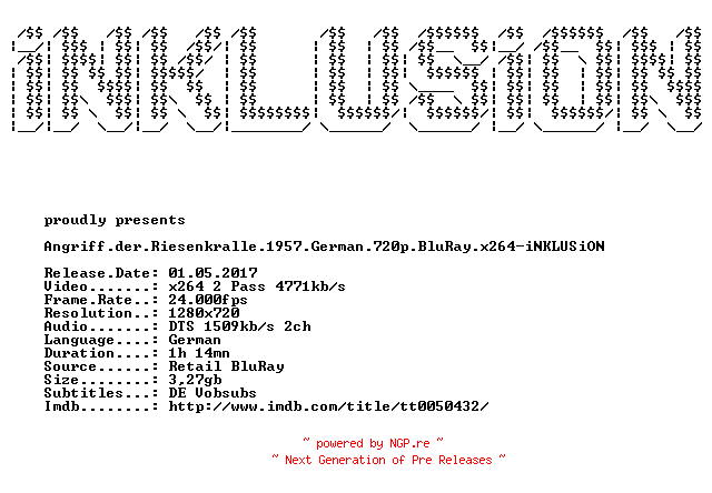 NFO for the release Angriff.der.Riesenkralle.1957.German.720p.BluRay.x264-iNKLUSiON by iNKLUSiON