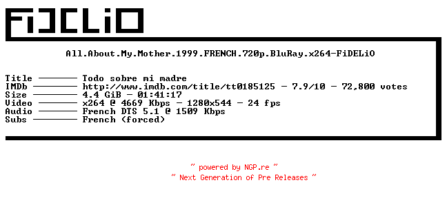 NFO for the release All.About.My.Mother.1999.FRENCH.720p.BluRay.x264-FiDELiO by FiDELiO
