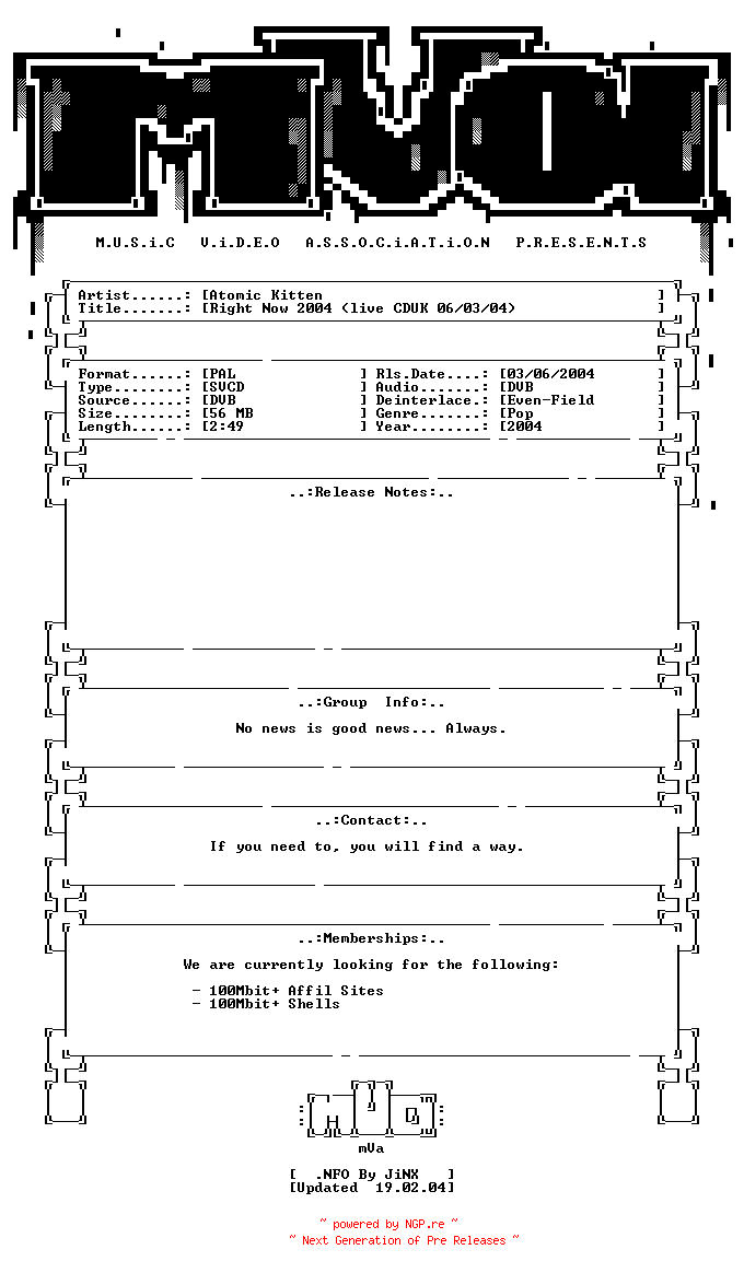 NFO for the release Atomic_kitten-right_now_2004_(live_cduk_06-03-04)-svcd-2004-mVa by mVa