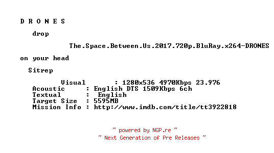 NFO for the release The.Space.Between.Us.2017.720p.BluRay.x264-DRONES by DRONES