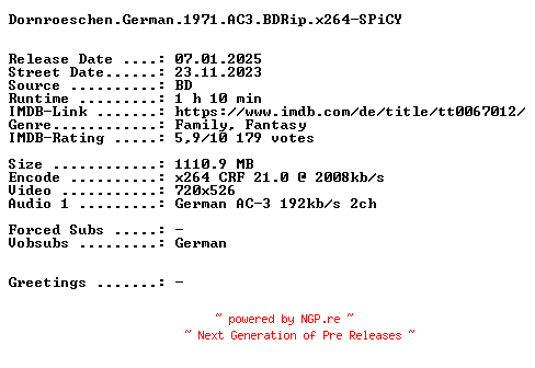 NFO for the release Dornroeschen.German.1971.AC3.BDRip.x264-SPiCY by SPiCY