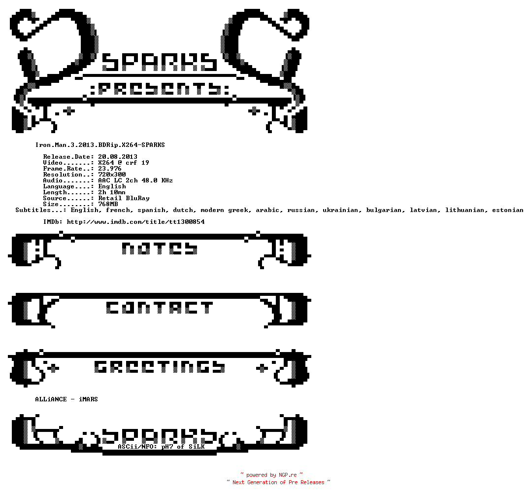 NFO for the release Iron.Man.3.2013.BDRip.X264-SPARKS by SPARKS