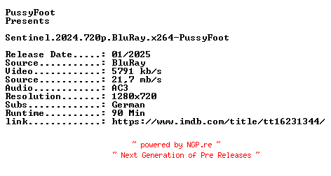 NFO for the release Sentinel.2024.720p.BluRay.x264-PussyFoot by PussyFoot