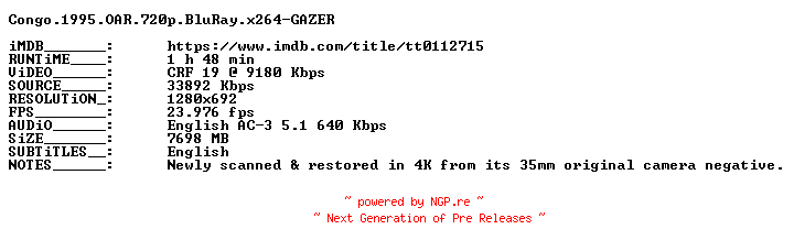 NFO for the release Congo.1995.OAR.720p.BluRay.x264-GAZER by GAZER