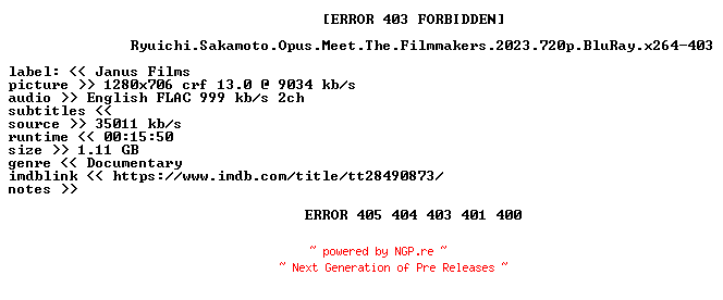 NFO for the release Ryuichi.Sakamoto.Opus.Meet.The.Filmmakers.2023.720p.BluRay.x264-403 by 403