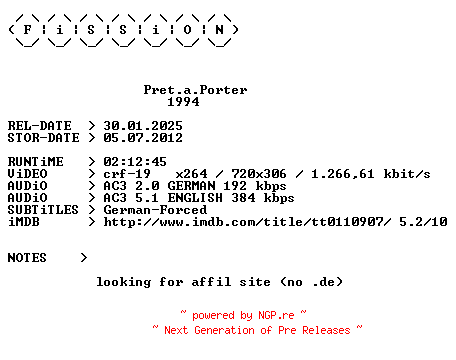 NFO for the release Pret.a.Porter.German.1994.DL.BDRiP.x264.iNTERNAL-FiSSiON by FiSSiON