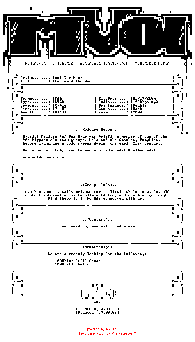 NFO for the release Auf_der_maur-followed_the_waves-svcd-2004-mVa by mVa