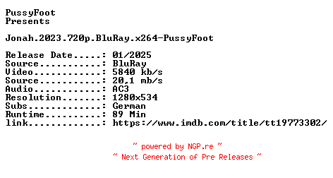 NFO for the release Jonah.2023.720p.BluRay.x264-PussyFoot by PussyFoot