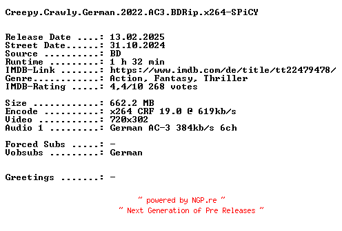 NFO for the release Creepy.Crawly.German.2022.AC3.BDRip.x264-SPiCY by SPiCY