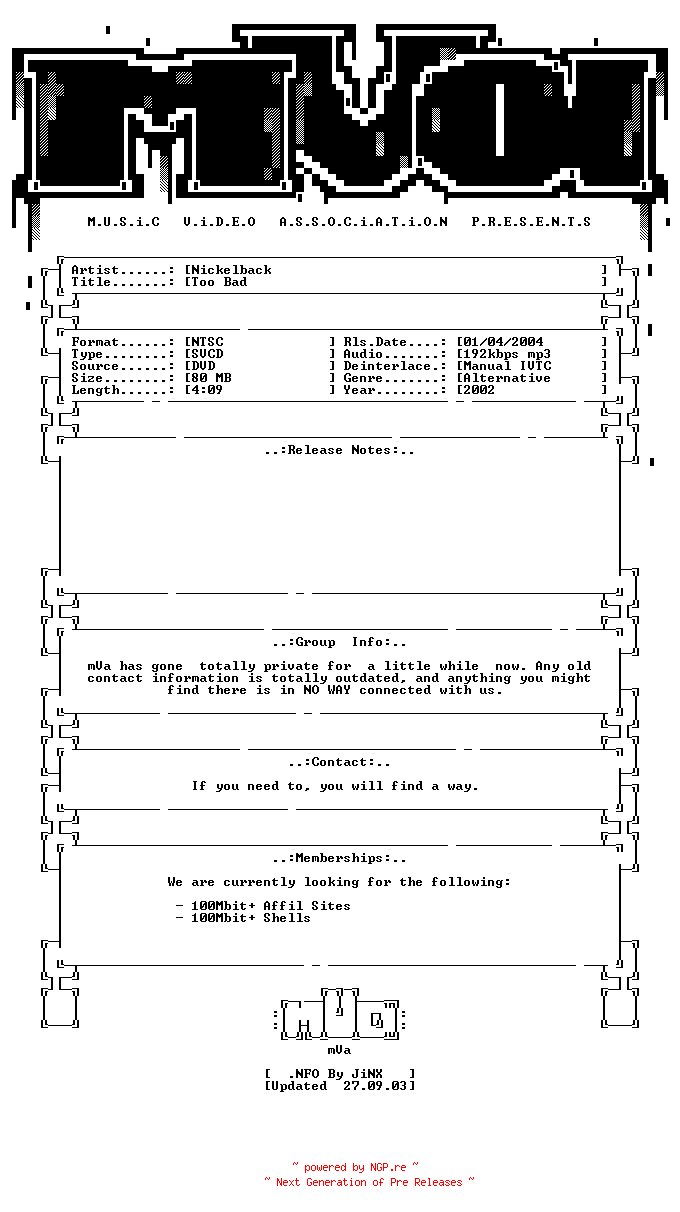 NFO for the release Nickelback-too_bad-dvdrip-ivtc_svcd-2002-mVa by mVa