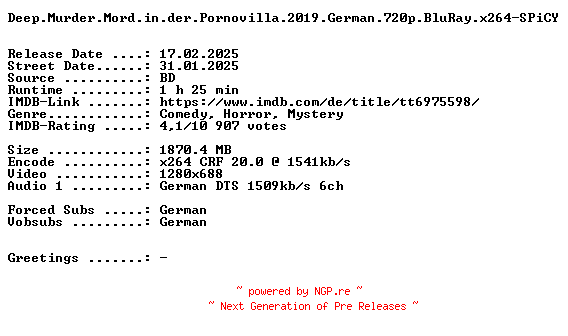 NFO for the release Deep.Murder.Mord.in.der.Pornovilla.2019.German.720p.BluRay.x264-SPiCY by SPiCY