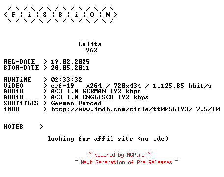 NFO for the release Lolita.German.1962.DL.BDRiP.x264.iNTERNAL-FiSSiON by FiSSiON