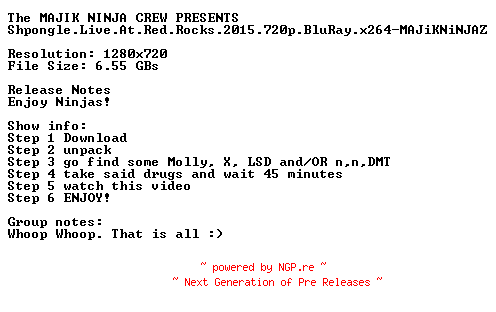 NFO for the release Shpongle.Live.At.Red.Rocks.2015.720p.BluRay.x264-MAJiKNiNJAZ by MAJiKNiNJAZ