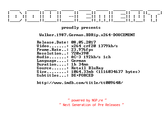 NFO for the release Walker.1987.German.BDRip.x264-DOUCEMENT by DOUCEMENT