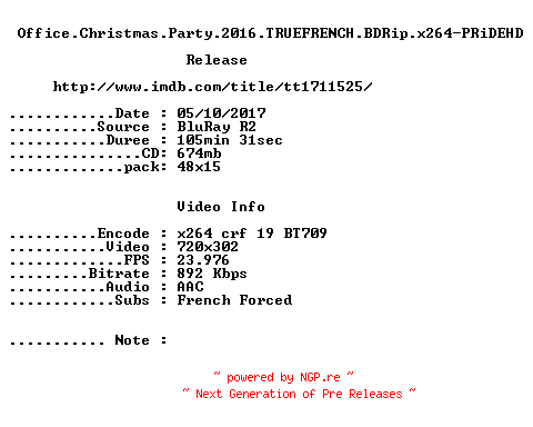 NFO for the release Office.Christmas.Party.2016.TRUEFRENCH.BDRip.x264-PRiDEHD by PRiDEHD