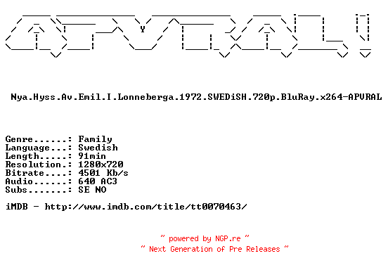 NFO for the release Nya.Hyss.Av.Emil.I.Lonneberga.1972.SWEDiSH.720p.BluRay.x264-APVRAL by APVRAL
