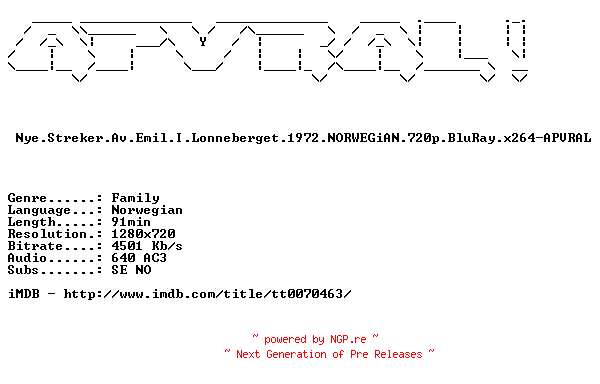 NFO for the release Nye.Streker.Av.Emil.I.Lonneberget.1972.NORWEGiAN.720p.BluRay.x264-APVRAL by APVRAL