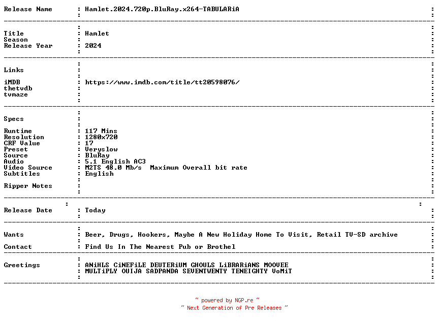 NFO for the release Hamlet.2024.720p.BluRay.x264-TABULARiA by TABULARiA