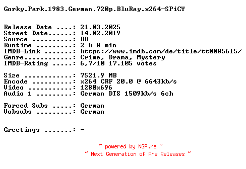 NFO for the release Gorky.Park.1983.German.720p.BluRay.x264-SPiCY by SPiCY