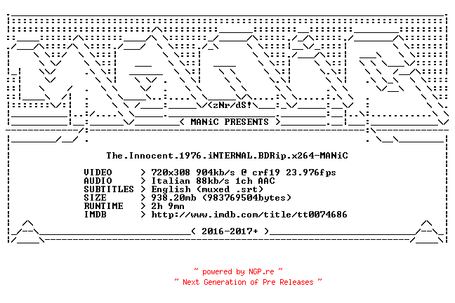 NFO for the release The.Innocent.1976.iNTERNAL.BDRip.x264-MANiC by MANiC
