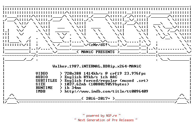 NFO for the release Walker.1987.iNTERNAL.BDRip.x264-MANiC by MANiC