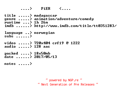 NFO for the release Madagascar.2005.iNTERNAL.NORWEGiAN.BDRip.x264-PiER by PiER