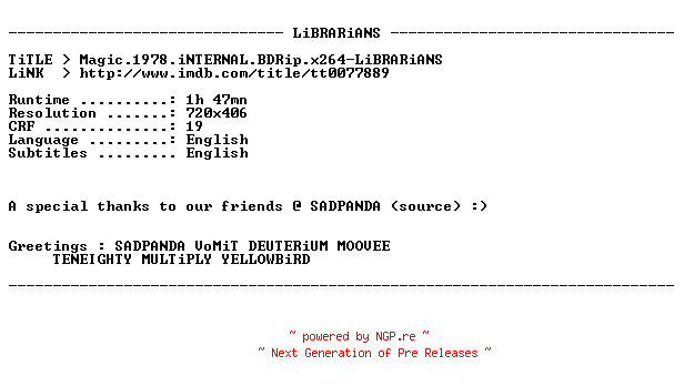 NFO for the release Magic.1978.iNTERNAL.BDRip.x264-LiBRARiANS by LiBRARiANS