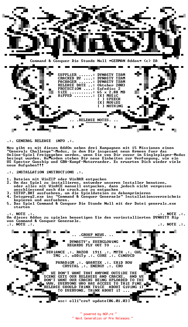 NFO for the release Command.and.Conquer.Generals.Die.Stunde.Null.GERMAN.Addon-DYNASTY by DYNASTY