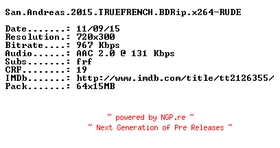 NFO for the release San.Andreas.2015.TRUEFRENCH.BDRip.x264-RUDE by RUDE