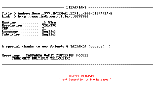 NFO for the release Audrey.Rose.1977.iNTERNAL.BDRip.x264-LiBRARiANS by LiBRARiANS
