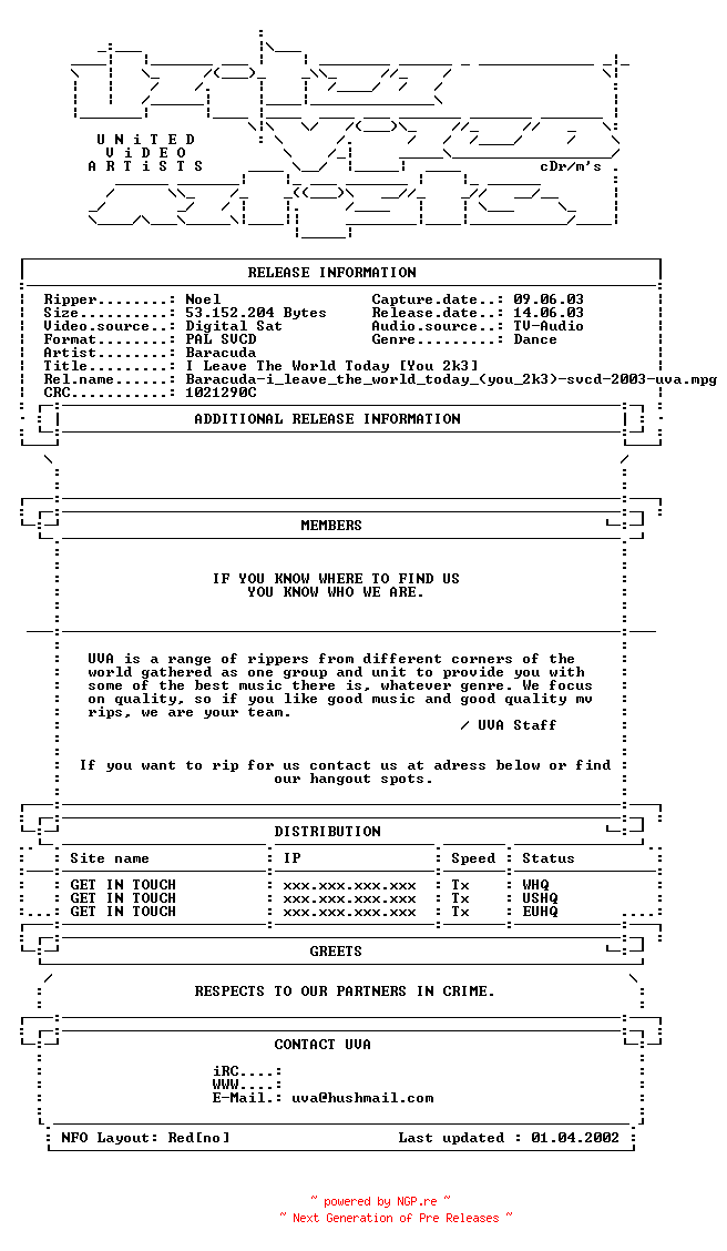 NFO for the release Baracuda-i_leave_the_world_today_(you_2k3)-svcd-2003-uva by uva