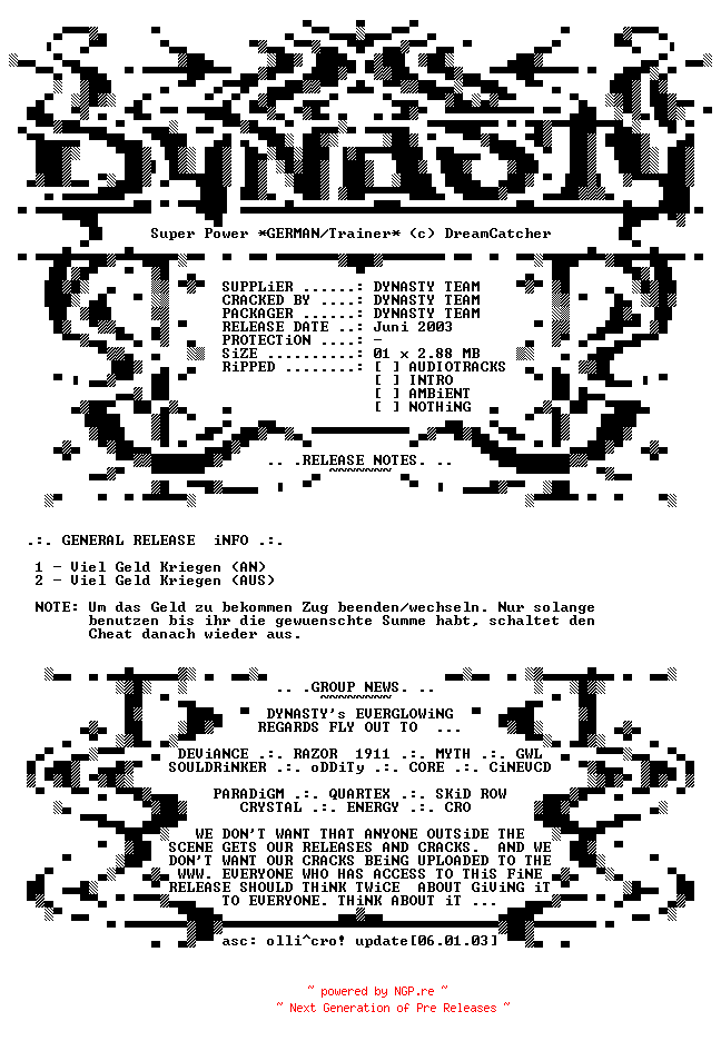 NFO for the release Super.Power.GERMAN.Trainer-DYNASTY by DYNASTY