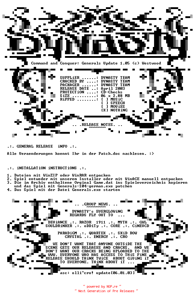 NFO for the release Command.And.Conquer.Generals.Update.v1.05.GERMAN-DYNASTY by DYNASTY