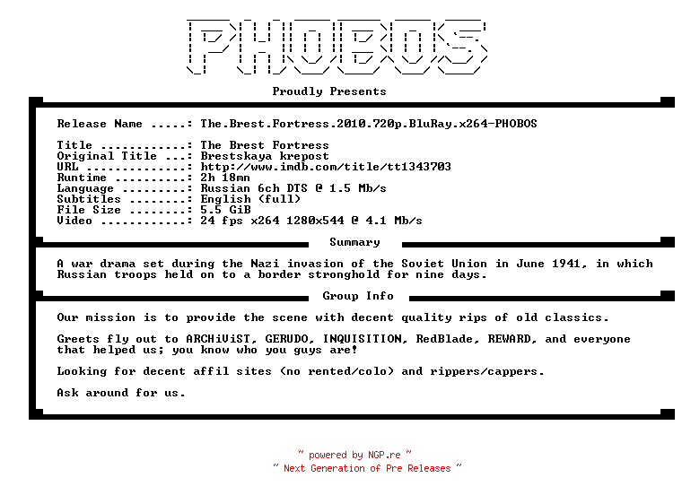 NFO for the release The.Brest.Fortress.2010.720p.BluRay.x264-PHOBOS by PHOBOS