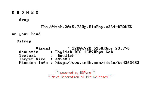 NFO for the release The.Witch.2015.720p.BluRay.x264-DRONES by DRONES
