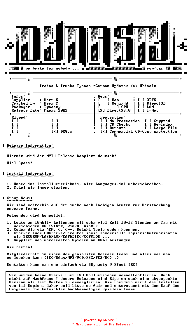 NFO for the release Trains.and.Trucks.Tycoon.GERMAN.Update-DYNASTY by DYNASTY