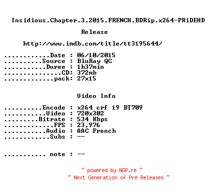 NFO for the release Insidious.Chapter.3.2015.FRENCH.BDRip.x264-PRiDEHD by PRiDEHD