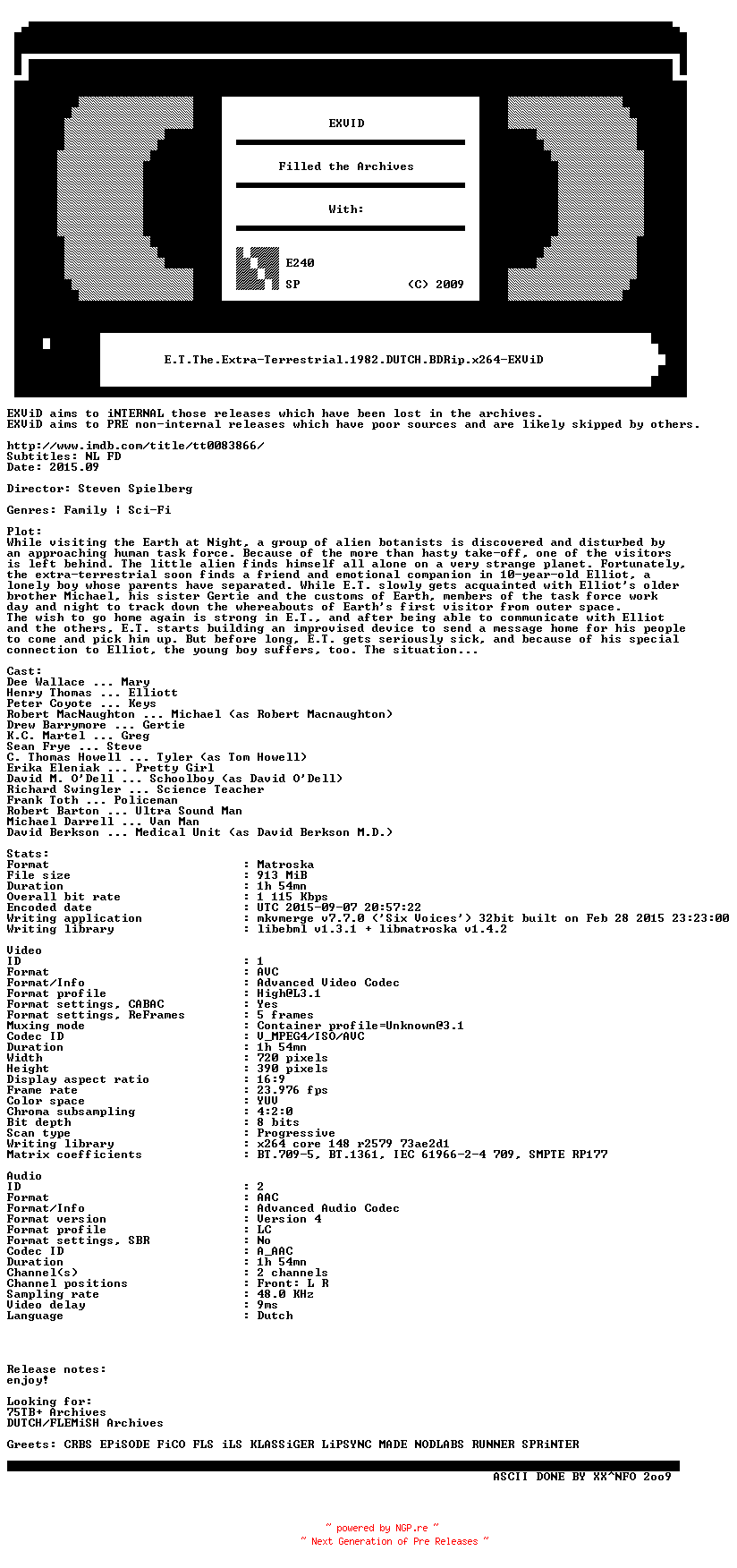 NFO for the release E.T.The.Extra-Terrestrial.1982.DUTCH.BDRip.x264-EXViD by EXViD