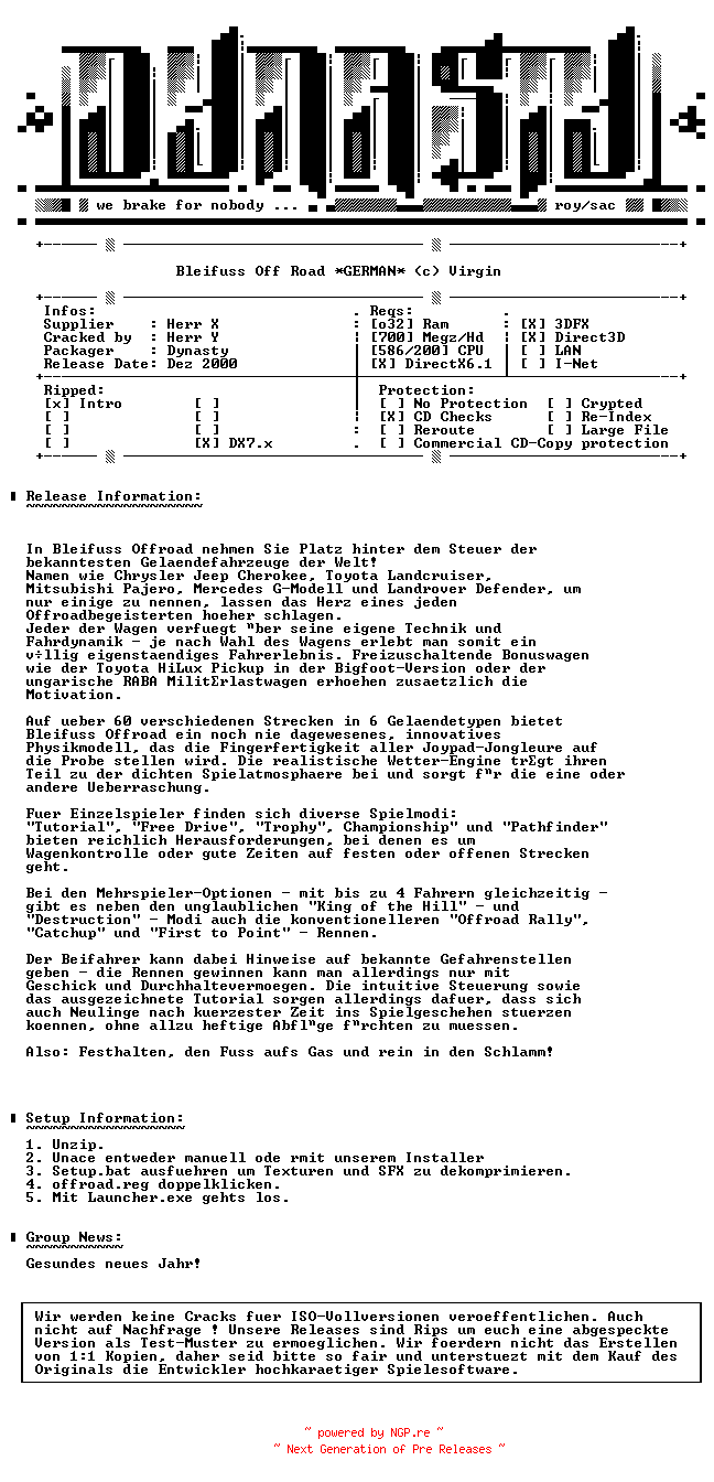 NFO for the release Bleifuss.Off.Road.GERMAN-DYNASTY by DYNASTY
