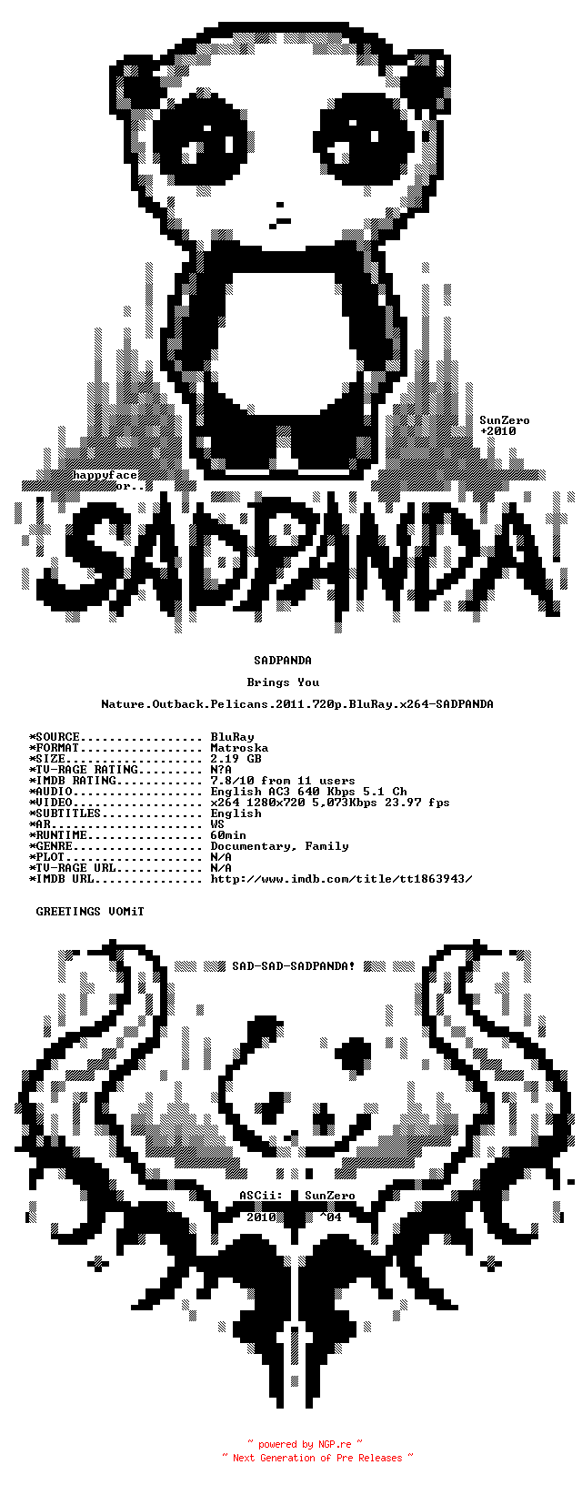 NFO for the release Nature.Outback.Pelicans.2011.720p.BluRay.x264-SADPANDA by SADPANDA